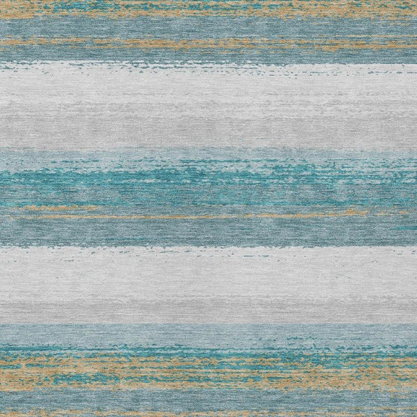 5x8 Teal Gray Striped Polyester Area Rug Washable Stain Resistant Indoor Outdoor