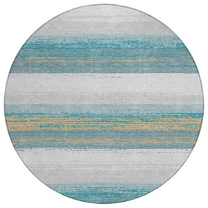 HomeRoots 8 Ft Round Striped Polyester Area Rug Washable Teal Gray Indoor Outdoor Patio 737497