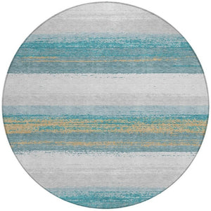 8 Ft Round Striped Polyester Area Rug Washable Teal Gray Indoor Outdoor Patio