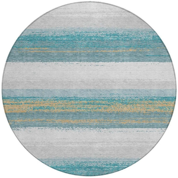 8 Ft Round Striped Polyester Area Rug Washable Teal Gray Indoor Outdoor Patio