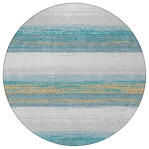8 Ft Round Striped Polyester Area Rug Washable Teal Gray Indoor Outdoor Patio