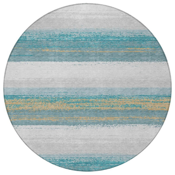 8 Ft Round Striped Polyester Area Rug Washable Teal Gray Indoor Outdoor Patio