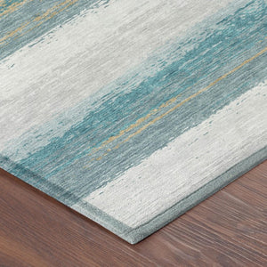 8 Ft Round Striped Polyester Area Rug Washable Teal Gray Indoor Outdoor Patio