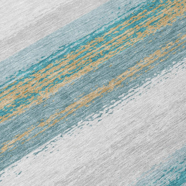 8 Ft Round Striped Polyester Area Rug Washable Teal Gray Indoor Outdoor Patio