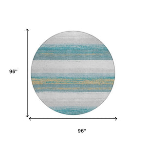 8 Ft Round Striped Polyester Area Rug Washable Teal Gray Indoor Outdoor Patio