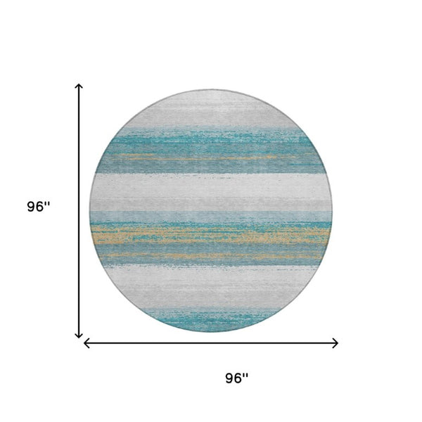 8 Ft Round Striped Polyester Area Rug Washable Teal Gray Indoor Outdoor Patio