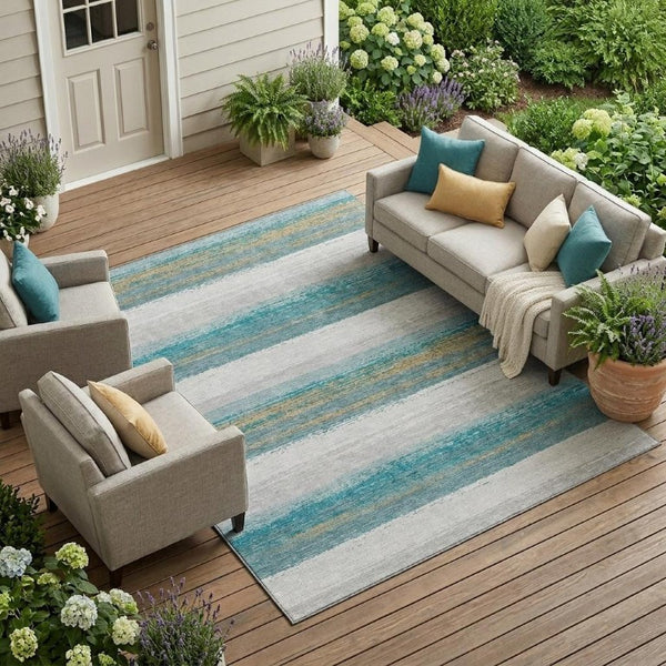 8 X 10 Teal Gray Striped Polyester Area Rug Washable Stain Resistant Indoor Outdoor