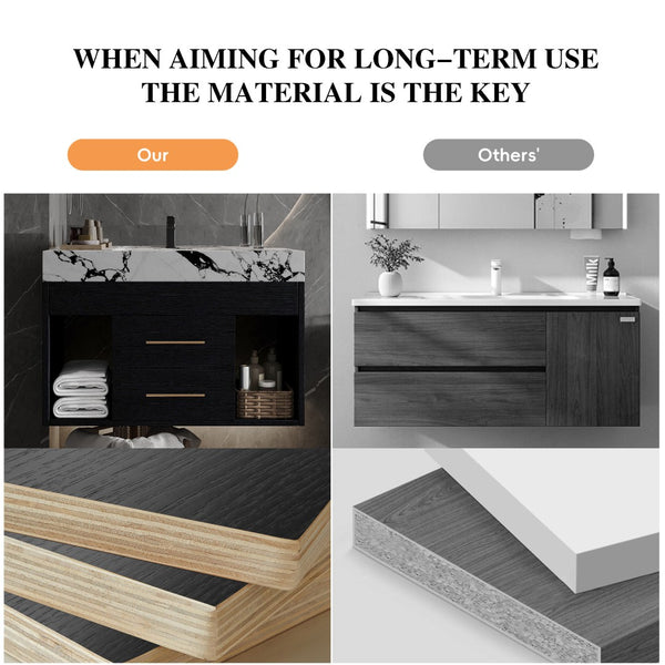 English Elm 29.9" Floating Bathroom Vanity Sintered Stone Top Soft Close Drawers Bronze Gold Hardware Black,Black White W3136S00036