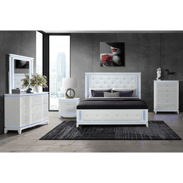 English Elm ADALID Elegant King 5PC Bedroom Set with Tufted Fabric Headboard, LED Lighting, Glitter Detail, Solid Wood White 84.84 L x 13.98 W x 4.53 H B201S00190