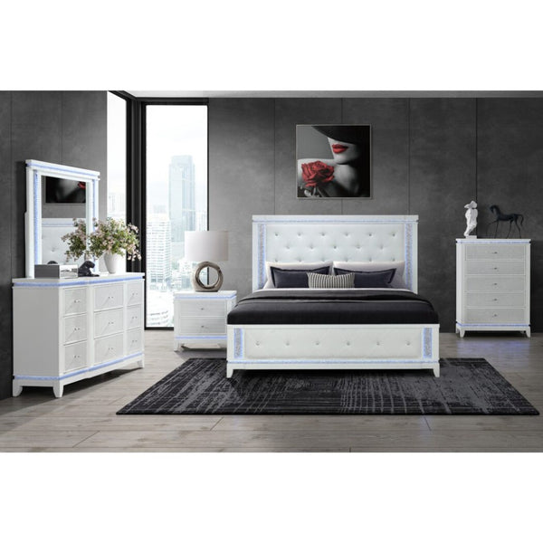 English Elm Adalid Tufted Upholstered Full Bedroom Set with Led Lighting and Glam White Finish B201S00188