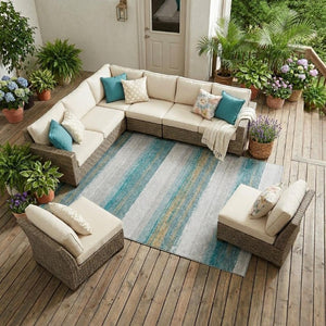 10 X 14 Striped Teal Gray Washable Polyester Rug for Patio Porch or Living Room