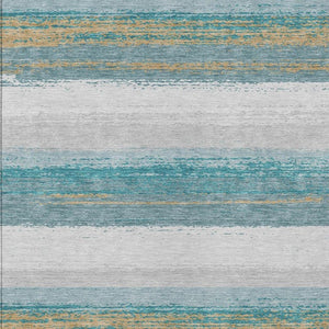 10 X 14 Striped Teal Gray Washable Polyester Rug for Patio Porch or Living Room