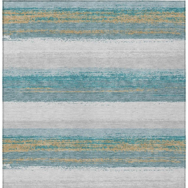 10 X 14 Striped Teal Gray Washable Polyester Rug for Patio Porch or Living Room