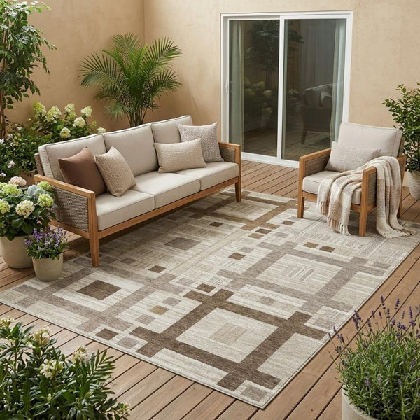 5x8 Beige Brown Geometric Polyester Area Rug Washable for Patio Porch or Living Room