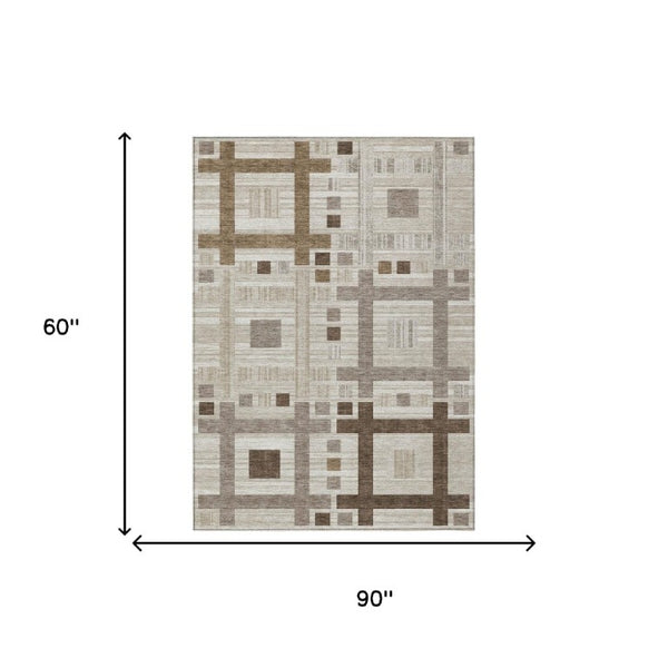 5x8 Beige Brown Geometric Polyester Area Rug Washable for Patio Porch or Living Room