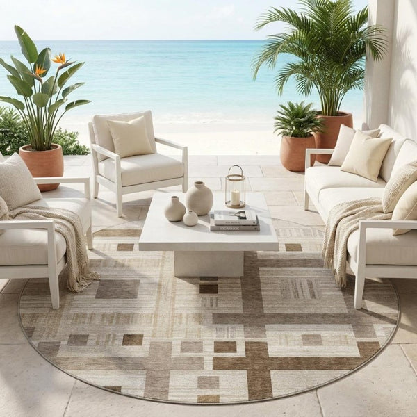 8 Ft Round Geometric Polyester Area Rug Washable Beige Brown Indoor Outdoor