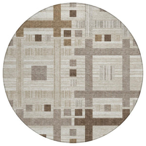 HomeRoots 8 Ft Round Geometric Polyester Area Rug Washable Beige Brown Indoor Outdoor 737503