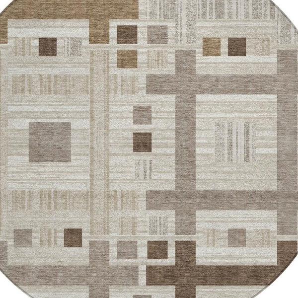 8 Ft Round Geometric Polyester Area Rug Washable Beige Brown Indoor Outdoor
