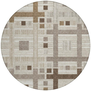 8 Ft Round Geometric Polyester Area Rug Washable Beige Brown Indoor Outdoor