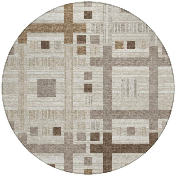 8 Ft Round Geometric Polyester Area Rug Washable Beige Brown Indoor Outdoor