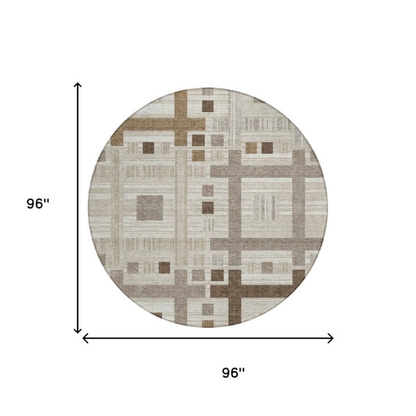 8 Ft Round Geometric Polyester Area Rug Washable Beige Brown Indoor Outdoor