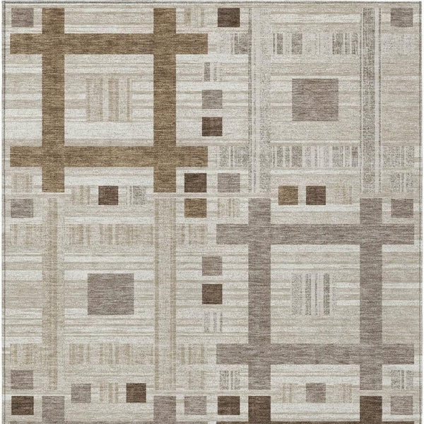 8 Ft X 10 Ft Beige Brown Geometric Polyester Washable Rug for Indoor Outdoor Use