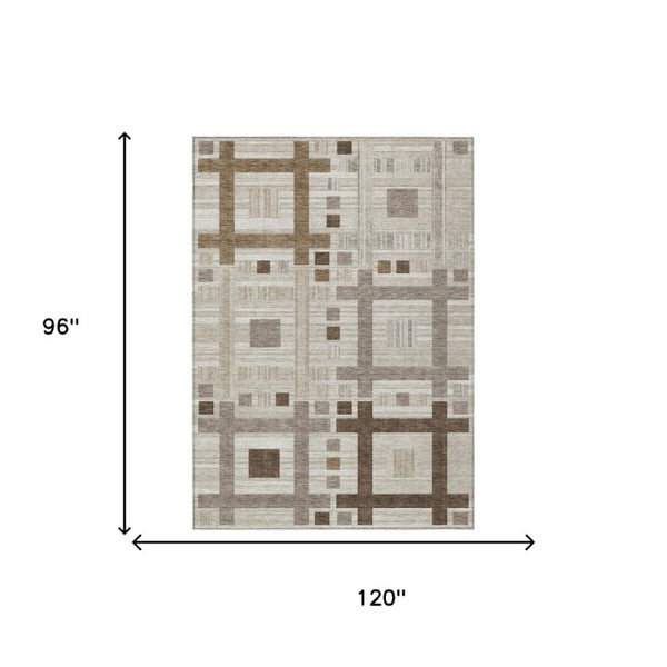8 Ft X 10 Ft Beige Brown Geometric Polyester Washable Rug for Indoor Outdoor Use