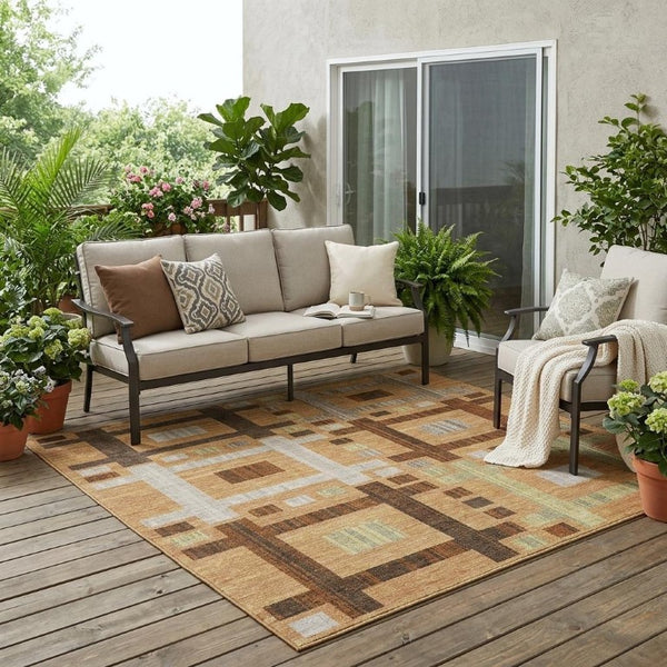 5 X 8 Copper Brown Geometric Polyester Area Rug Stain Resistant for Patio or Living Room