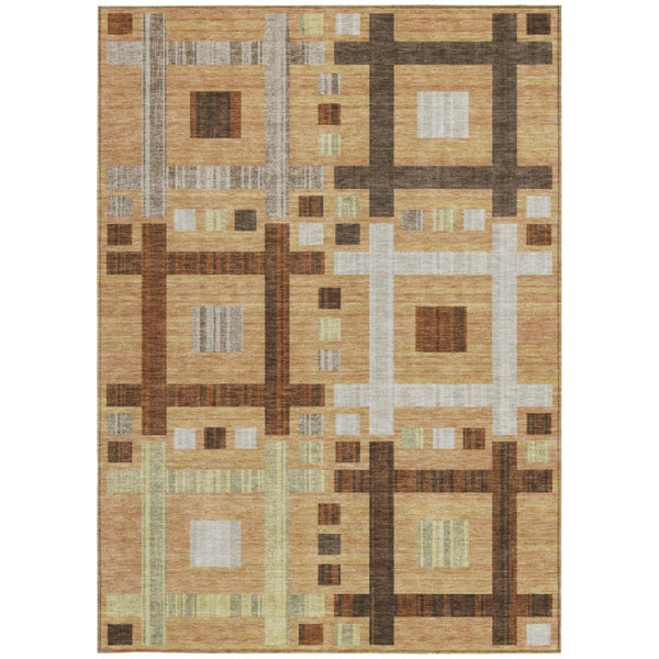 5 X 8 Copper Brown Geometric Polyester Area Rug Stain Resistant for Patio or Living Room