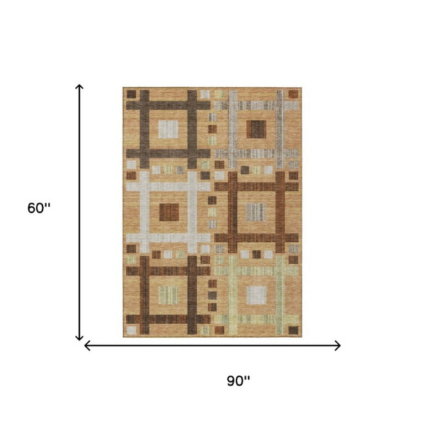 5 X 8 Copper Brown Geometric Polyester Area Rug Stain Resistant for Patio or Living Room