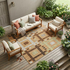 9 X 12 Copper Brown Geometric Polyester Area Rug Stain Resistant Indoor Outdoor