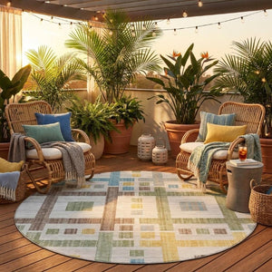 8 Foot Round Geometric Polyester Area Rug Washable Indoor Outdoor Ivory Pattern