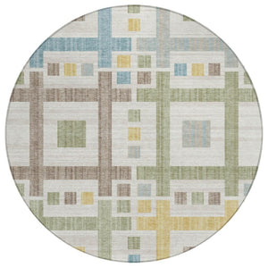 HomeRoots 8 Foot Round Geometric Polyester Area Rug Washable Indoor Outdoor Ivory Pattern 737521