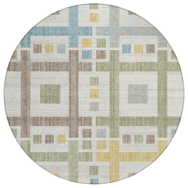 HomeRoots 8 Foot Round Geometric Polyester Area Rug Washable Indoor Outdoor Ivory Pattern 737521