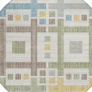 8 Foot Round Geometric Polyester Area Rug Washable Indoor Outdoor Ivory Pattern