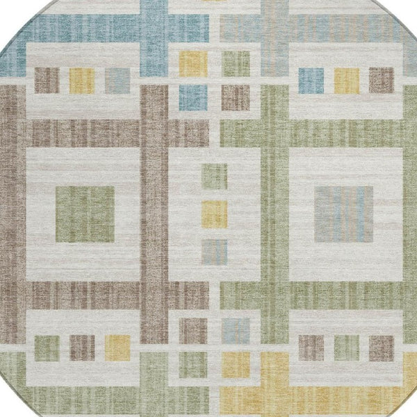 8 Foot Round Geometric Polyester Area Rug Washable Indoor Outdoor Ivory Pattern