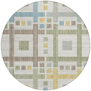 8 Foot Round Geometric Polyester Area Rug Washable Indoor Outdoor Ivory Pattern