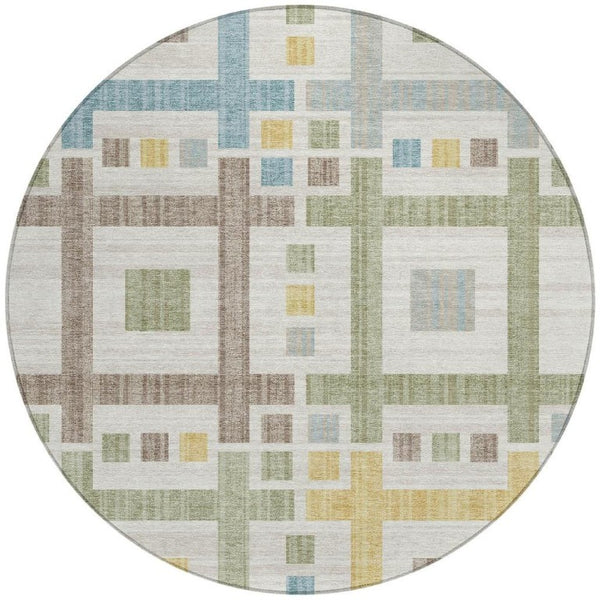 8 Foot Round Geometric Polyester Area Rug Washable Indoor Outdoor Ivory Pattern
