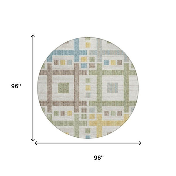 8 Foot Round Geometric Polyester Area Rug Washable Indoor Outdoor Ivory Pattern