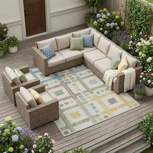 8 X 10 Ivory Linen Geometric Polyester Washable Rug for Patio Porch or Living Room