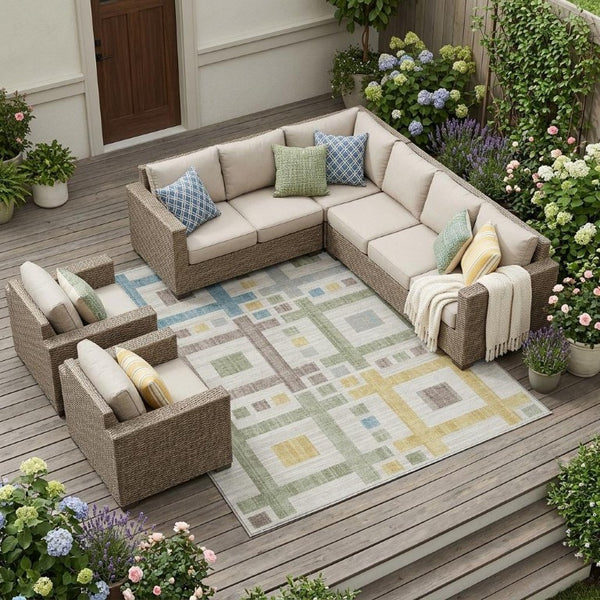 8 X 10 Ivory Linen Geometric Polyester Washable Rug for Patio Porch or Living Room