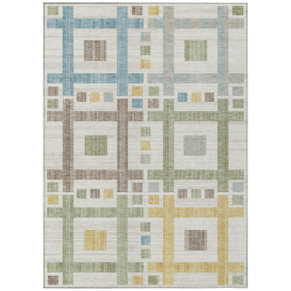 HomeRoots 8 X 10 Ivory Linen Geometric Polyester Washable Rug for Patio Porch or Living Room 737522