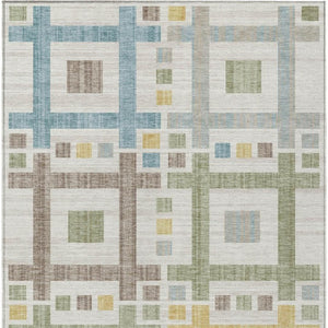 8 X 10 Ivory Linen Geometric Polyester Washable Rug for Patio Porch or Living Room