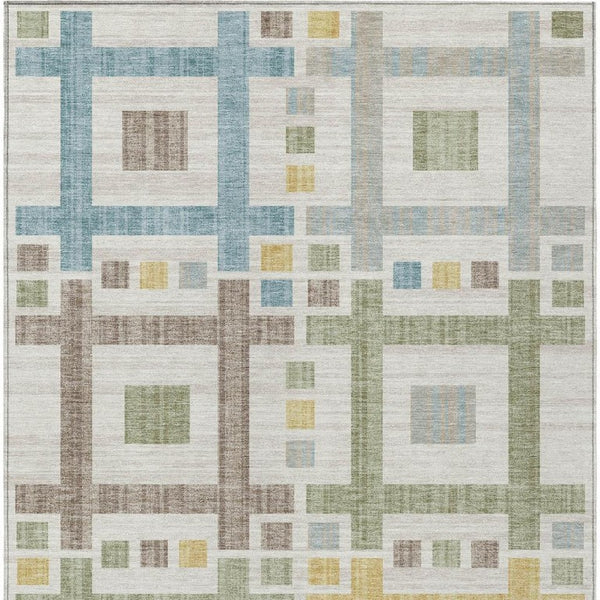 8 X 10 Ivory Linen Geometric Polyester Washable Rug for Patio Porch or Living Room