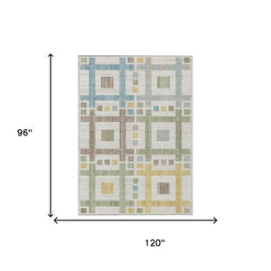8 X 10 Ivory Linen Geometric Polyester Washable Rug for Patio Porch or Living Room