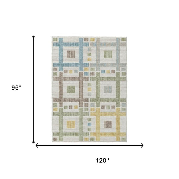 8 X 10 Ivory Linen Geometric Polyester Washable Rug for Patio Porch or Living Room