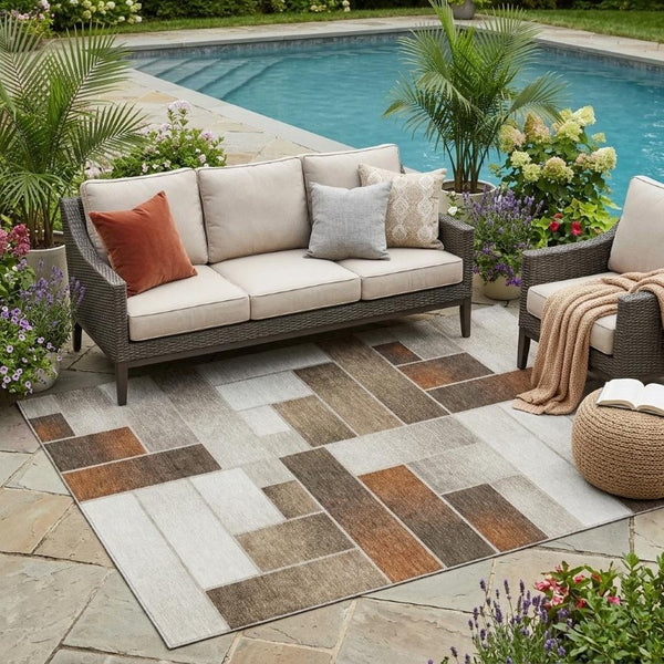 5 X 8 Beige Graphite Geometric Polyester Area Rug Washable for Patio or Living Room
