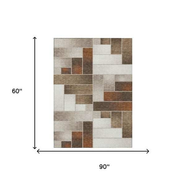 5 X 8 Beige Graphite Geometric Polyester Area Rug Washable for Patio or Living Room