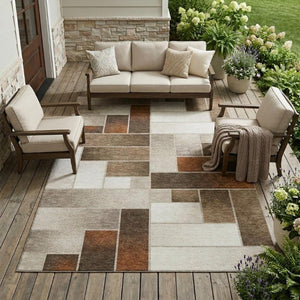 9 X 12 Beige Graphite Geometric Polyester Area Rug for Indoor Outdoor Spaces