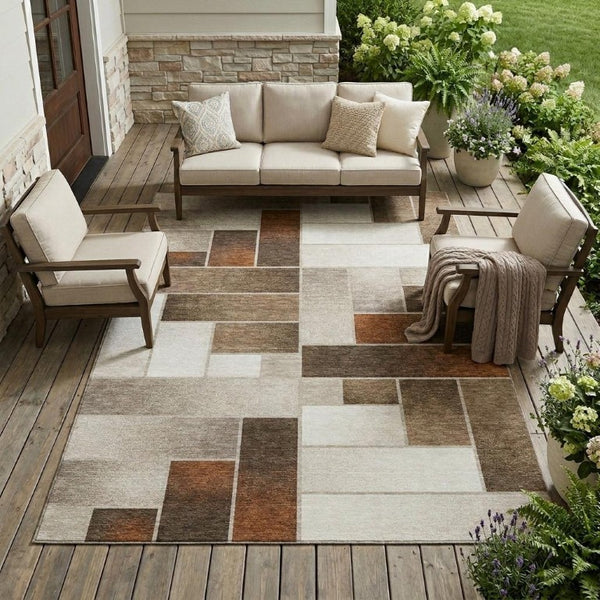 9 X 12 Beige Graphite Geometric Polyester Area Rug for Indoor Outdoor Spaces